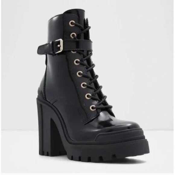 Aldo Women's Uplift Heel Combat Boots Black Lace Up 90s Lug Sole Zip Size 7.5 NW - Picture 1 of 11